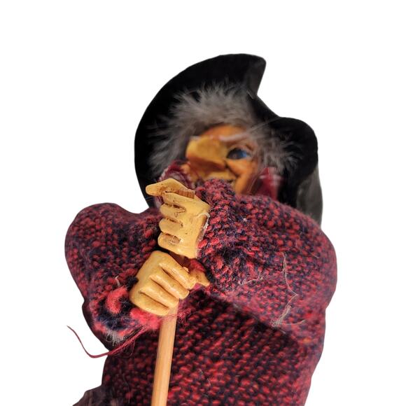 Vintage Witch Doll 9" Handmade Fabric & Resin Broomstick Hanging Decor Halloween - Picture 6 of 16